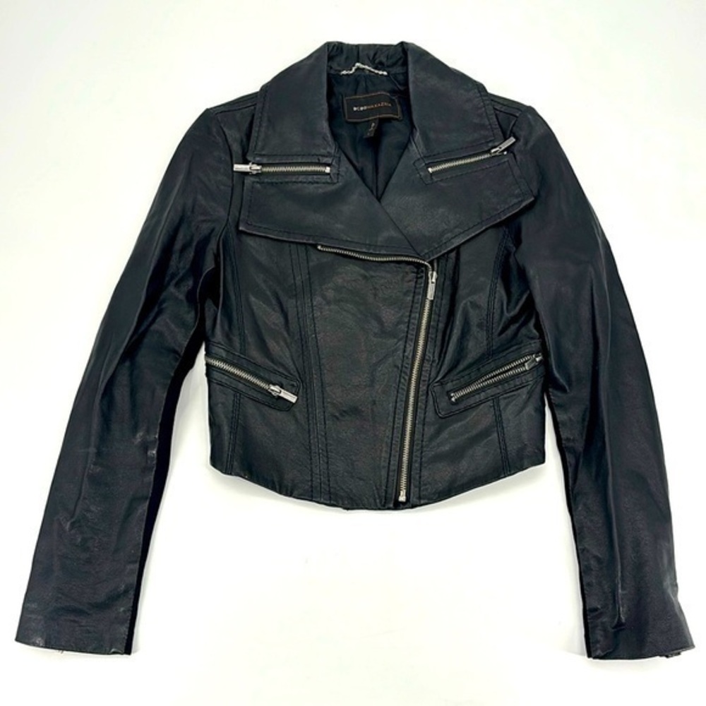 UEC BCBG Maxazria black leather cropped motto jacket silver zippers size 4